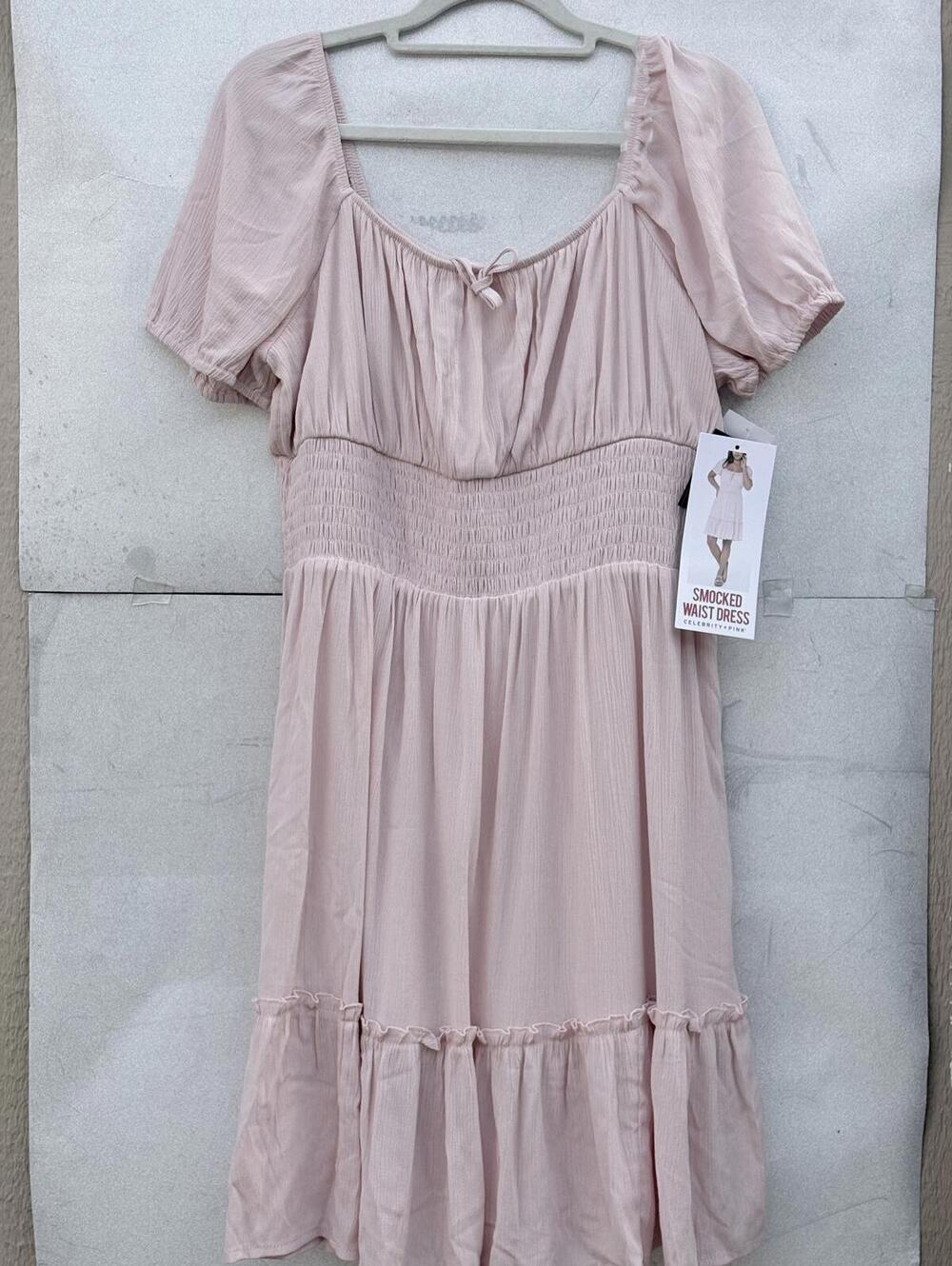 NWT Celebrity Pink Smocked Waist Dress Boho Tiered Puff Sleeve Mini Soft Pink